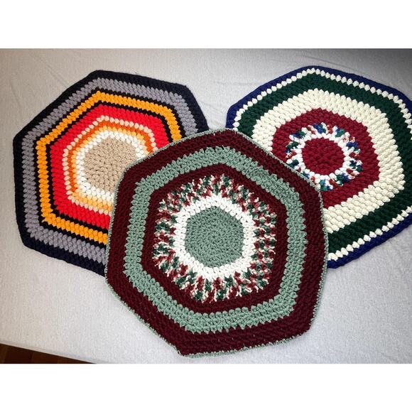 3 Handmade Multi-Color Brown Green Crochet Hexagon Afghan Area Chair Rugs - Picture 1 of 7